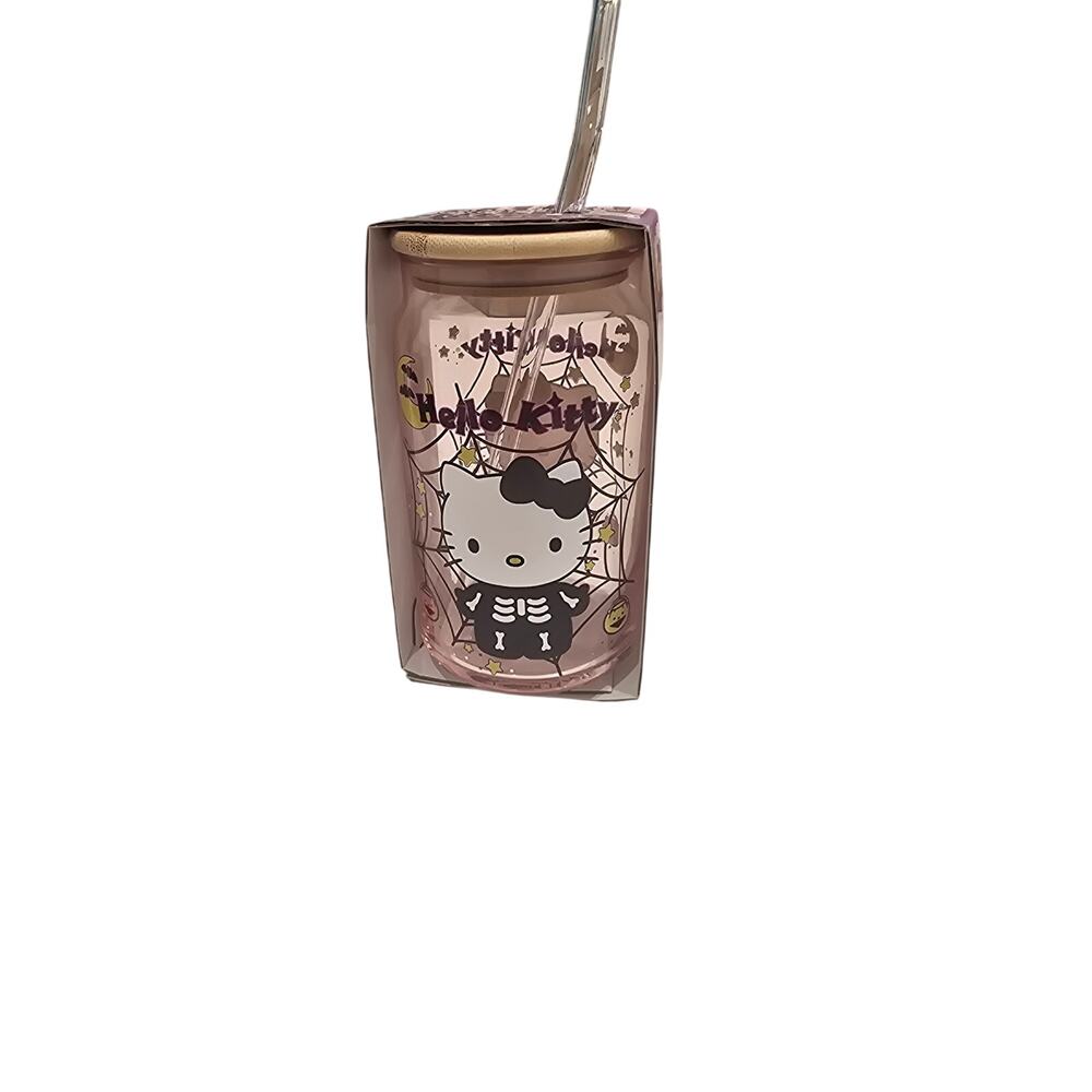 Hello‎ Kitty Halloween Skeleton Glass Tumbler Bamboo Lid Straw 16oz NWT